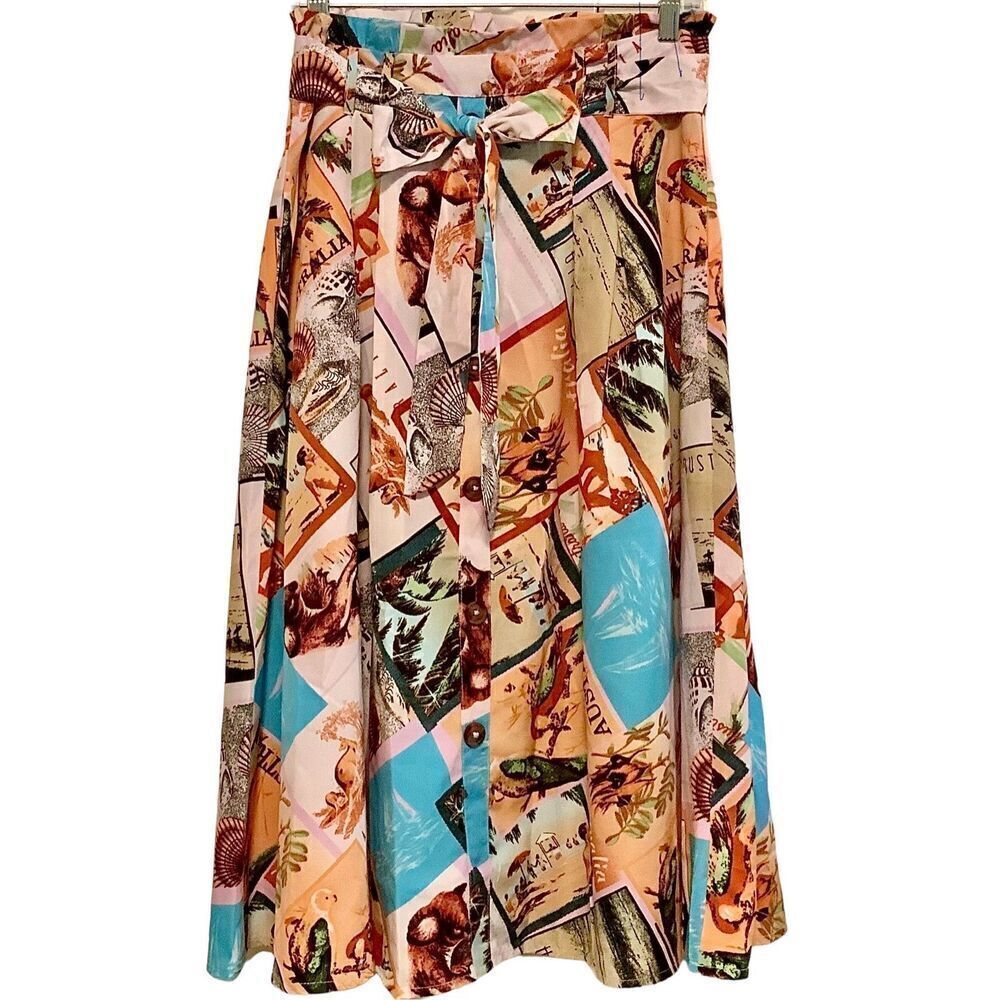 VTG 50’s Style Australia Travel Postcard Print Tie Waist Skirt NWT